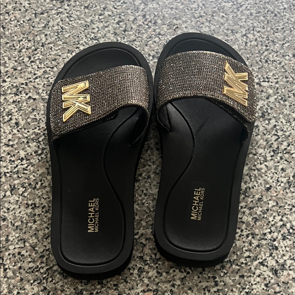 Michael Kors Black Sandals with Gold Logo